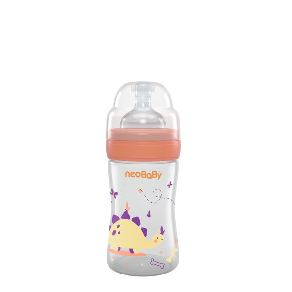 Neobaby  biberon plastica collo largo silicone 150ml flusso lento arancione 0m+ - Neo Baby