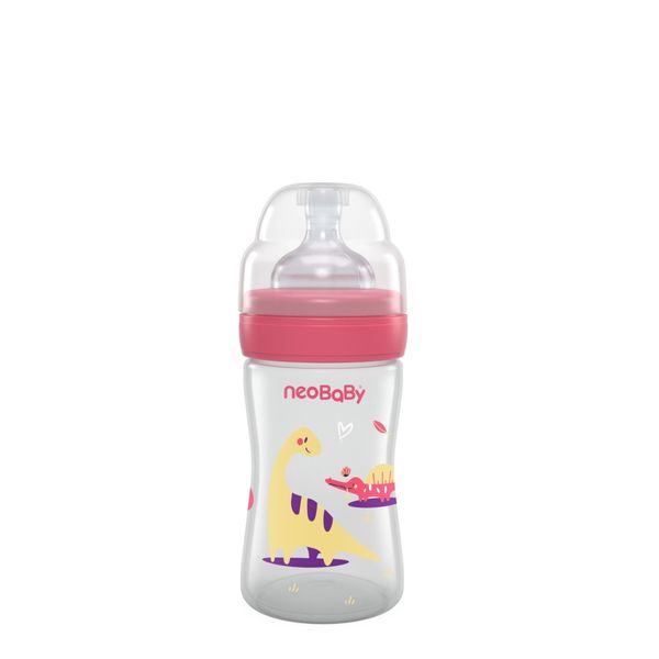 Neobaby  biberon plastica collo largo silicone 150ml flusso lento rosa 0m+ - Neo Baby