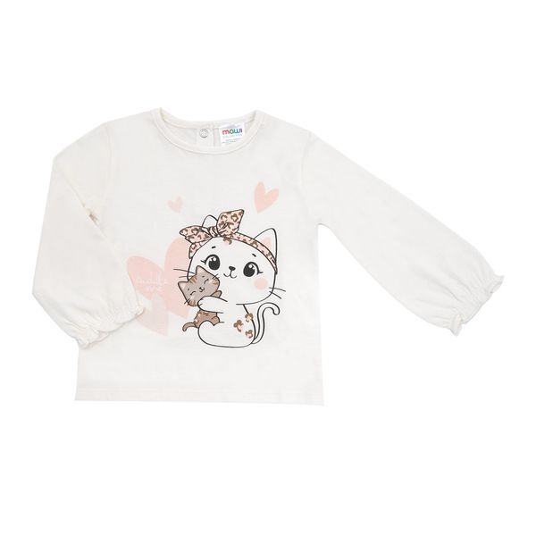 Maglia jersey manica lunga bimba bianca stampa tenero micio - Mawi