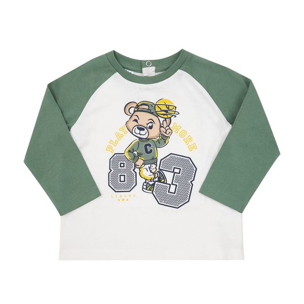 T-shirt jersey manica lunga bimbo bianco/verde "orsetto" - Mawi