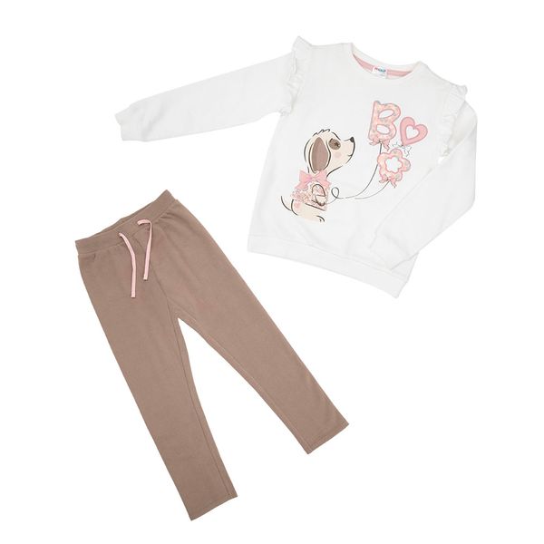 Completo jogging bimba con frill bianco/marrone stampato - Mawi