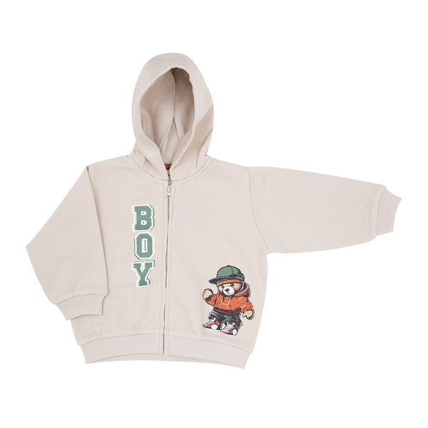 Felpa con zip e cappuccio bimbo beige stampata - Mawi