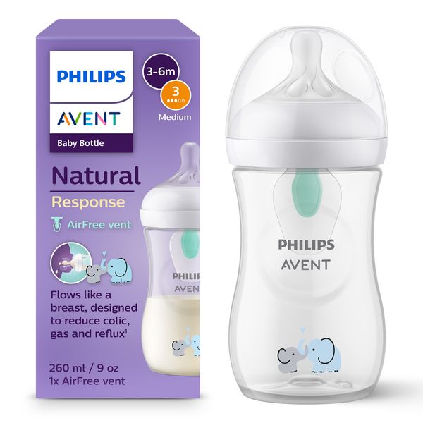 Biberon natural con tettarella a risposta naturale e valvola airfree decorazione elefanti da 260 ml 1m+ | senza bpa - philips avent - Avent