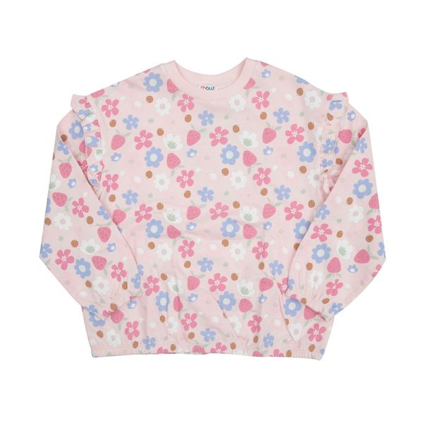 Maglia felpata manica lunga bimba rosa con stampa floreale - Mawi