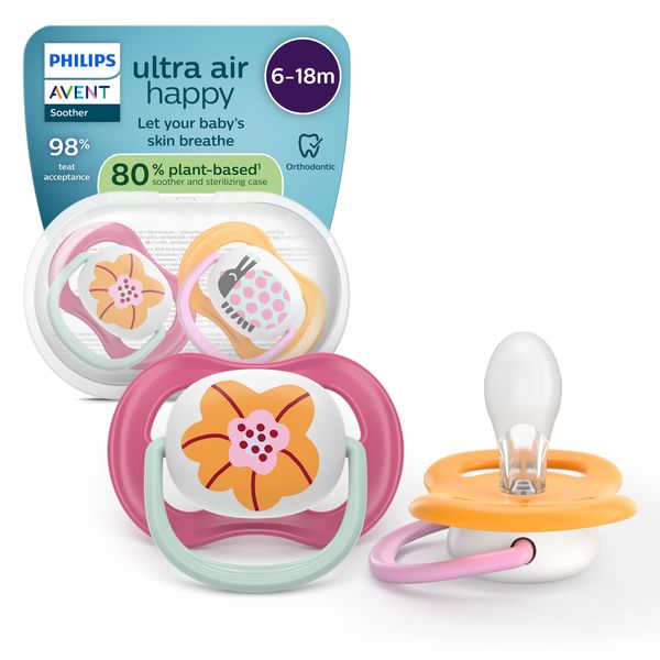 Succhietti ultra air collection 6-18m fiore e coccinella, a base vegetale - set da 2 ciucci - philips avent - Avent