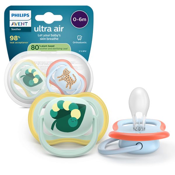 Succhietti ultra air 0-6m foglia e leopardo, a base vegetale - set da 2 ciucci - philips avent - Avent