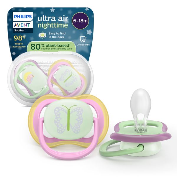 Succhietti ultra air night 6-18m uccellino e farfalla, a base vegetale - set da 2 ciucci - philips avent - Avent