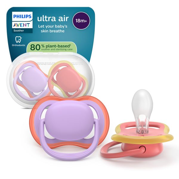 Succhietti ultra air 18m+ pastello viola e rosso, a base vegetale - set da 2 ciucci - philips avent - Avent