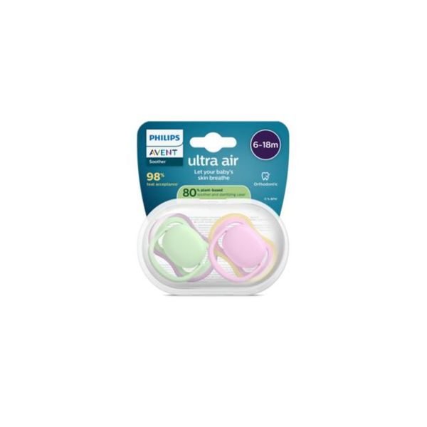Succhietti ultra air 6-18m verde e rosa, a base vegetale - set da 2 ciucci - philips avent - Avent