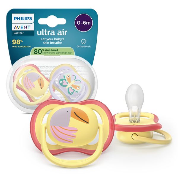 Succhietti ultra air 0-6m tucano e farfalla, a base vegetale - set da 2 ciucci - philips avent - Avent