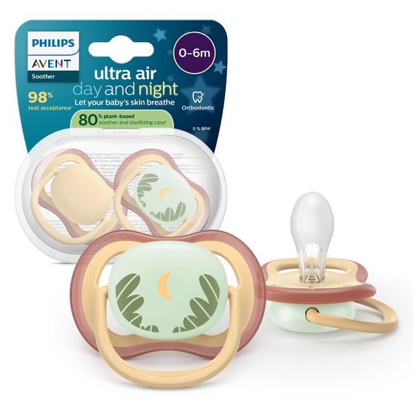Succhietti ultra air day&night 0-6m pastello giallo e verde con luna, a base vegetale - set da 2 ciucci - philips avent - Avent