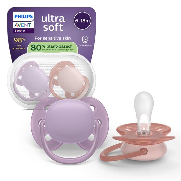 Succhietti ultra soft 6-18m pastello viola e rosso, a base vegetale - set da 2 ciucci - philips avent - Avent