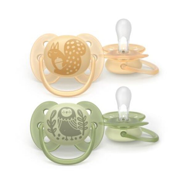 Succhietti ultra soft 6-18m pastello giallo e verde con decorazioni, a base vegetale - set da 2 ciucci - philips avent - Avent