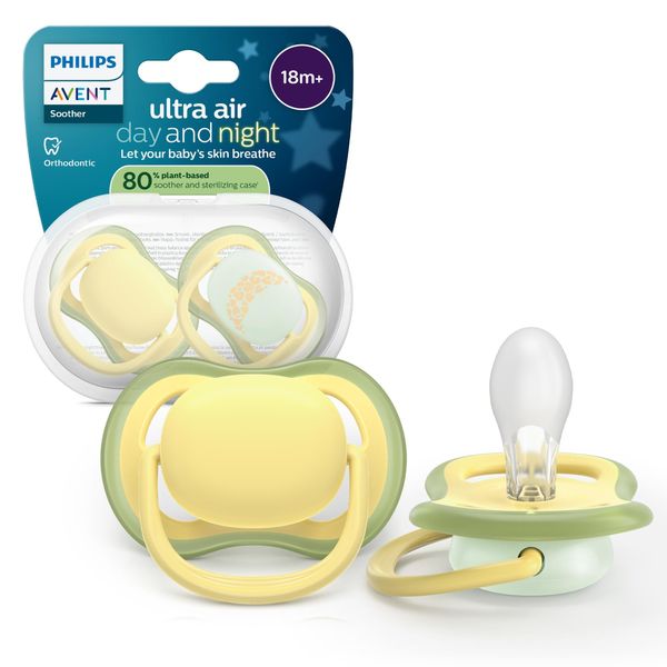 Succhietti ultra air day&night 18m+ pastello giallo e verde con luna, a base vegetale - set da 2 ciucci - philips avent - Avent