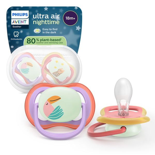 Succhietti ultra air night 18m+ tucano e ghepardo, a base vegetale - set da 2 ciucci - philips avent - Avent