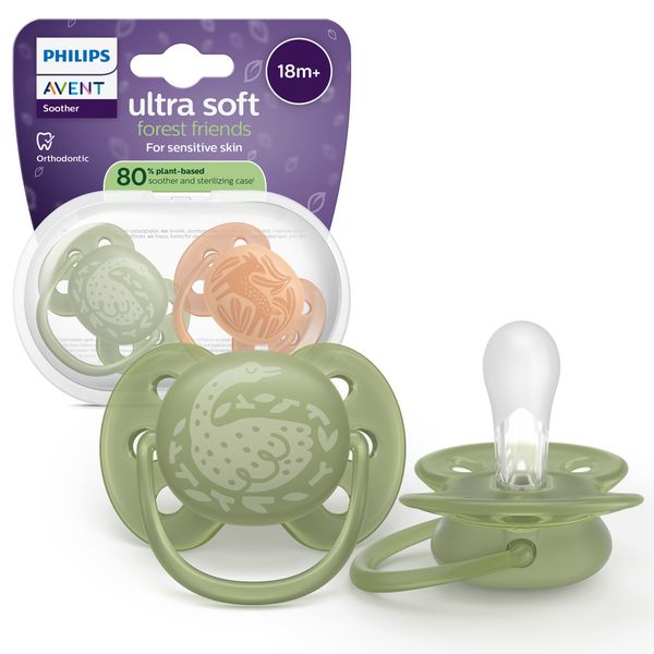 Succhietti ultra soft 18m+ pastello verde e marrone con decorazioni, a base vegetale - set da 2 ciucci - philips avent - Avent