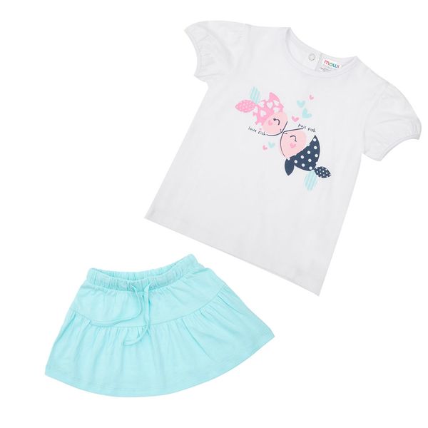 Completo t-shirt + gonna bimba bianco/azzurro stampa pesciolini - Mawi