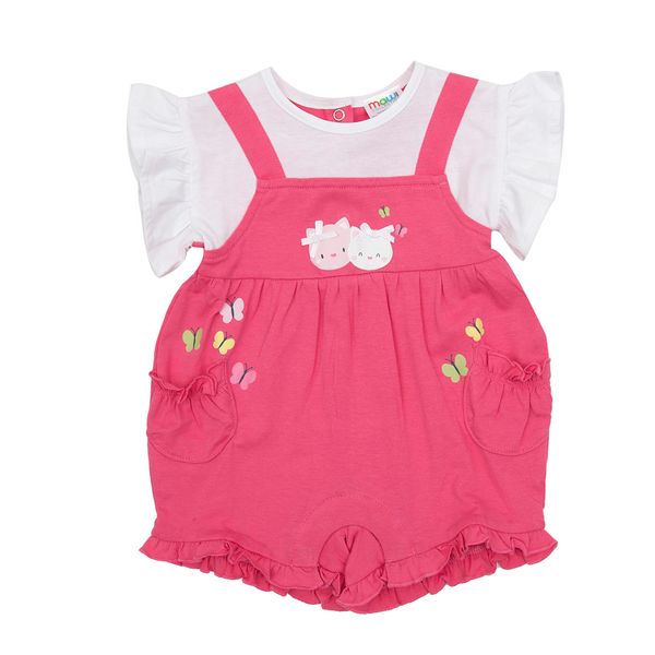 Pezzo unico salopette e magliettina bimba corallo/bianca con rouches - Mawi