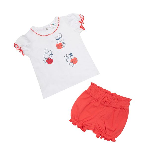 Set 2 pezzi t-shirt + short bianco/rosso stampa coniglietti - Mawi
