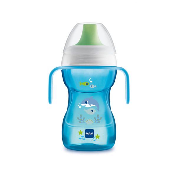Mam fun to drink cup tazza bambini 270 ml, biberon acqua e latte per neonati 8+ mesi con beccuccio anti-goccia e valvola per flusso libero, azzurro - Mam