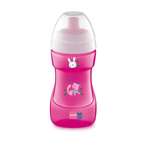 Mam sports cup tazza bambini 330 ml, biberon acqua e latte per neonati 12+ mesi da viaggio ideale fuori casa, rosa - Mam