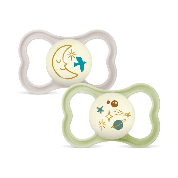 Mam air night succhietto 6-16 mesi (set da 2), ciuccio mam 6-16 mesi che si illumina al buio per pelli sensibili, neutro/verde - Mam