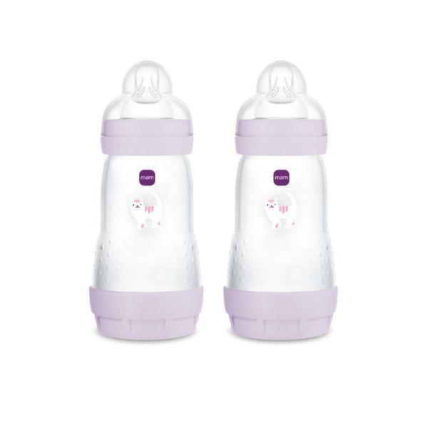 Mam biberon easy start 260 ml (set da 2), kit da 2 biberon anticolica per allattamento misto, lilla, 2+ mesi - Mam