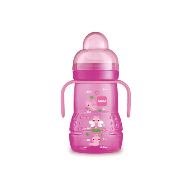 Mam trainer 220 ml, biberon acqua e latte per neonati 4+ mesi con tettarella antigoccia in silicone, rosa - Mam