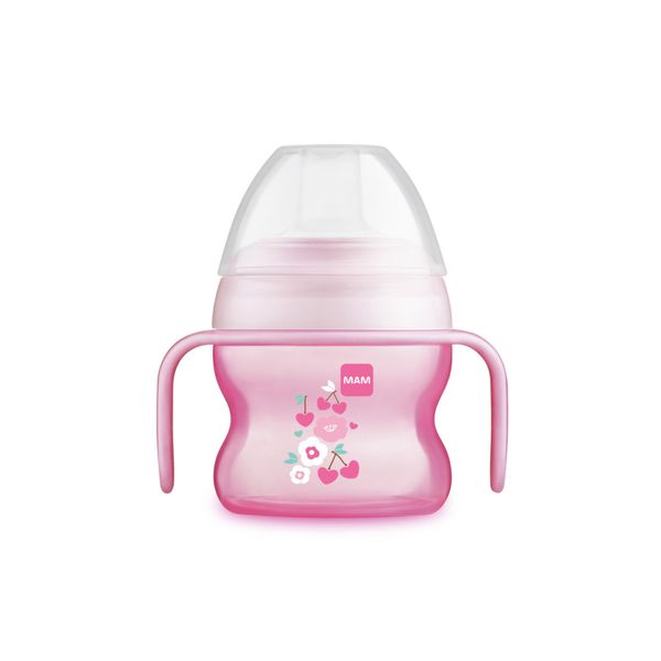 Mam starter cup tazza bambini 150 ml, biberon acqua e latte per neonati 4+ mesi con morbido beccuccio anti-goccia, rosa - Mam