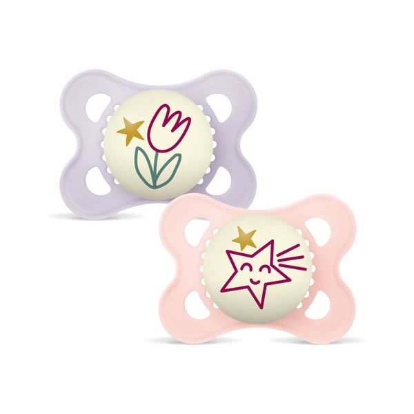 Mam original night succhietto 2-6 mesi (set da 2), ciuccio mam 2-6 mesi che si illumina al buio con tettarella in caucciù, rosa/lilla - Mam