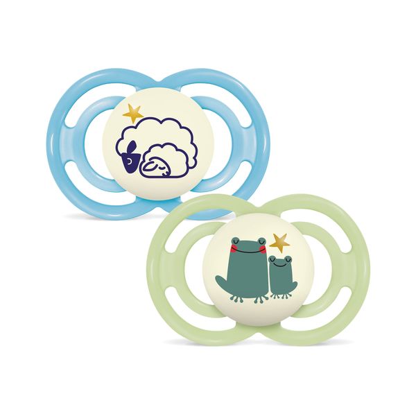 Mam perfect night confezione doppia succhietto 6+ mesi (set da 2), ciuccio mam 6-16 mesi che si illumina al buio, verde/celeste - Mam