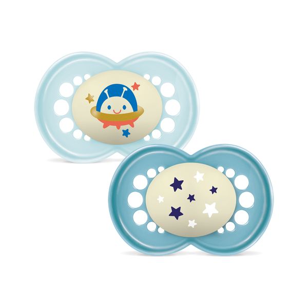 Mam original night succhietto 16+ mesi (set da 2), ciuccio mam 16 36 mesi silicone e ortodontico che si illumina al buio, azzurro/celeste - Mam
