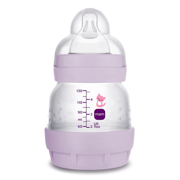 Mam biberon easy start 130 ml, biberon anticolica per allattamento misto che riduce le bolle d'aria e il rischio di coliche, lilla - Mam