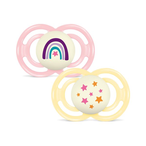 Mam perfect night confezione doppia succhietto 16+ mesi (set da 2), ciuccio mam 16 36 mesi silicone che si illumina al buio, rosa/giallo - Mam