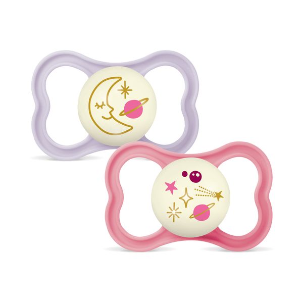 Mam air night succhietto 6-16 mesi (set da 2), ciuccio mam 6-16 mesi che si illumina al buio per pelli sensibili, rosa/lilla - Mam