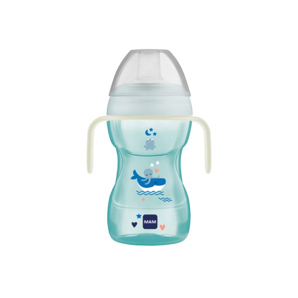 Mam fun to drink cup night tazza bambini 270 ml,manici che si illuminano al buio, beccuccio extra-morbido anti-goccia e valvola flusso libero, azzurro - Mam
