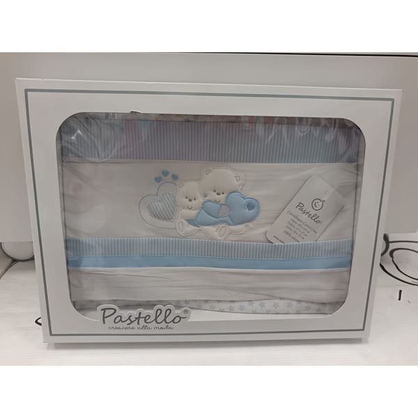 Coordinato carrozzina 100% cotone pastello – set lenzuolino ricamato con orsetti (azzurro) - Ellepi