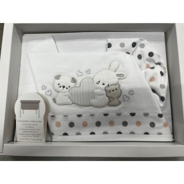 Completo maxiculla 100% cotone – set lenzuolino con ricamo tre animaletti e balza a pois (toni neutri) - Pastello