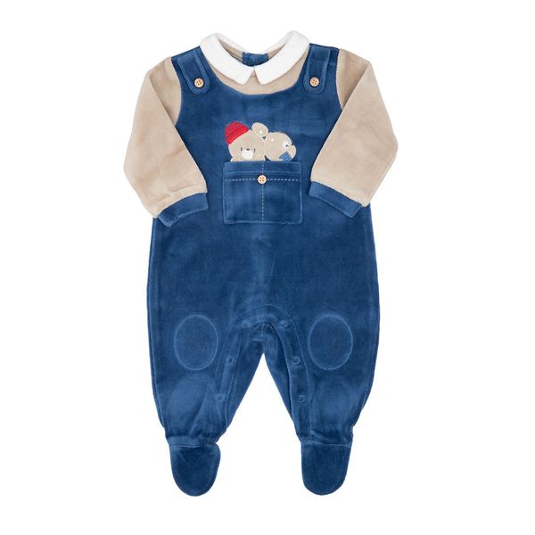 Tutina intera effetto salopette neonato blu e beige "orsetti" - Mawi