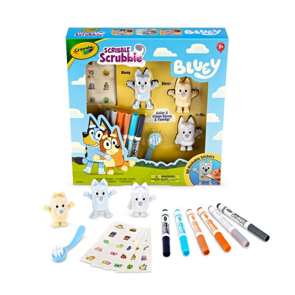 Crayola washimals - set bluey con 3 cuccioli, 6 pennarelli e 40 adesivi lavabili - CRAYOLA