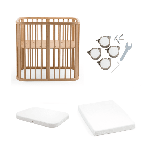 Stokke - nighti mini natural + nighti mini mattress white + nighti bed wheels beige + mini 60x80cm fitted sheet white ocs - 