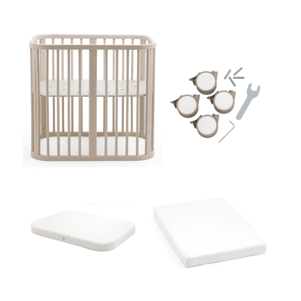 Stokke - nighti mini vanilla white + nighti mini mattress white + nighti bed wheels beige + mini 60x80cm fitted sheet white ocs - 
