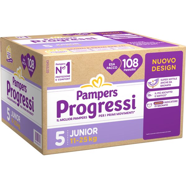 Pannolini  progressi junior taglia 5 (11-25 kg) - x108 - pampers - Catalogo Pampers