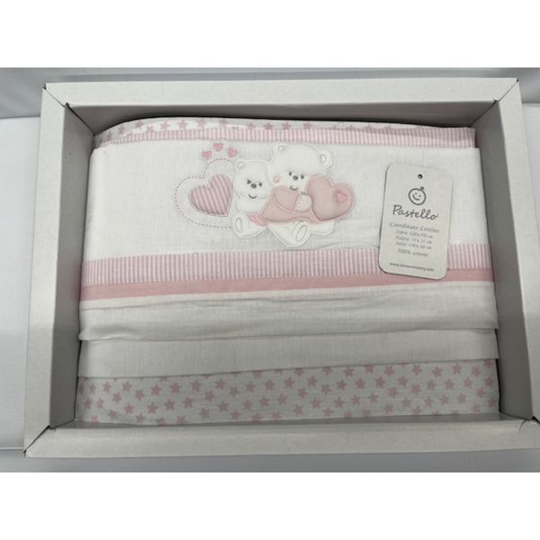 Coordinato lettino in cotone set lenzuola con orsetti e cuori rosa - pastello - Pastello