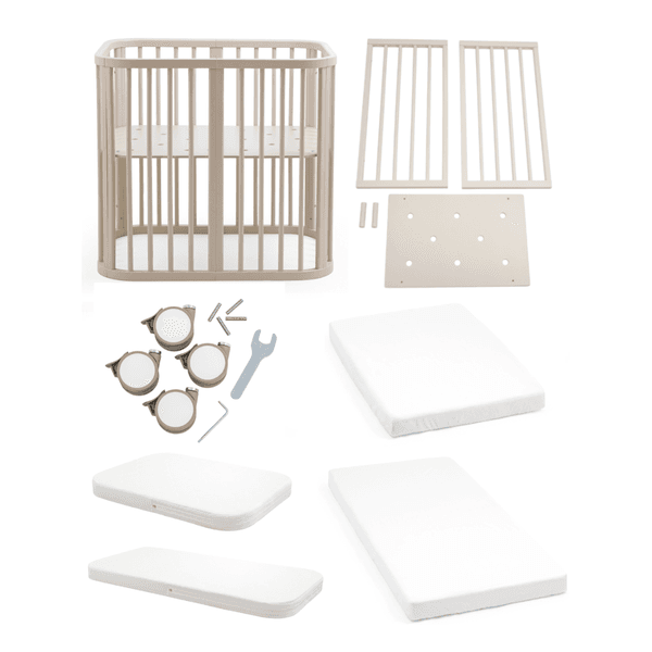 Stokke - nighti mini vanilla white + nighti mini mattress white + nighti bed extension vanilla white + nighti bed mattress white  + bed 60x120cm fitted sheet white ocs + mini 60x80cm fitted sheet white ocs + nighti bed wheels beige - 