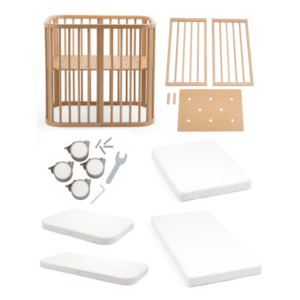 Stokke - nighti mini natural + nighti mini mattress white + nighti bed extension natural + nighti bed mattress white  + bed 60x120cm fitted sheet white ocs + mini 60x80cm fitted sheet white ocs + nighti bed wheels beige - 