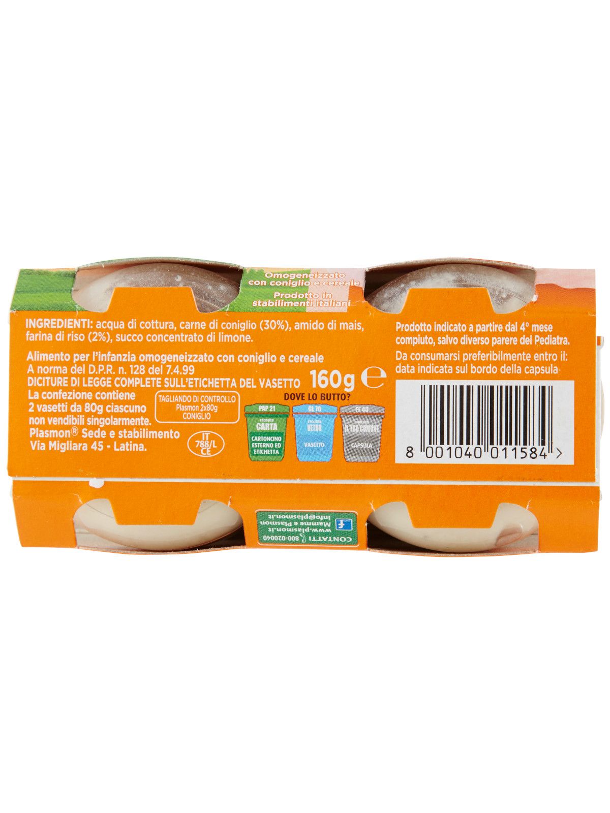 Plasmon - omogeneizzato coniglio - 2x80g - Plasmon
