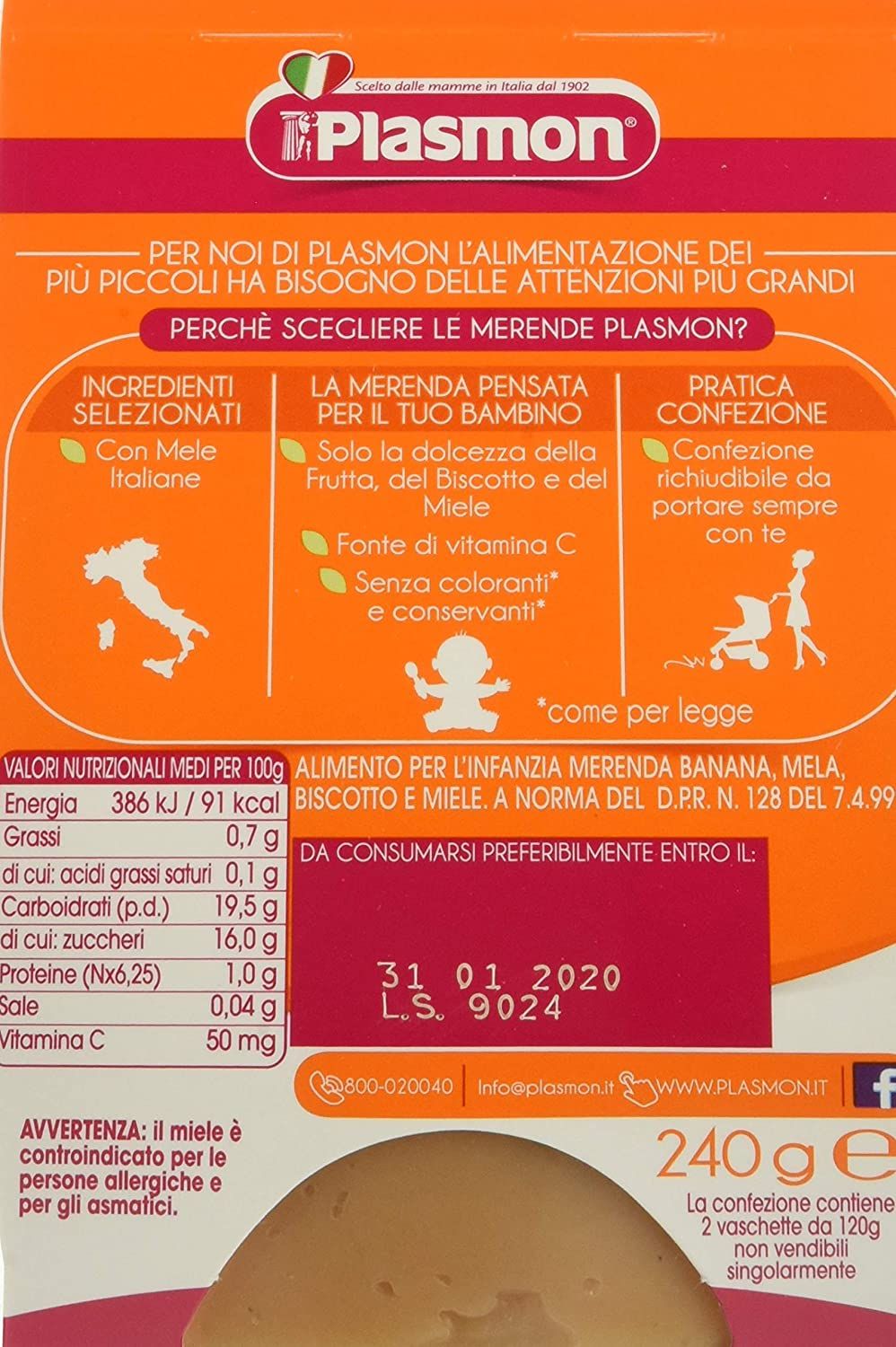 Plasmon - merende banana - mela - biscotto - miele - 2x120g - Plasmon