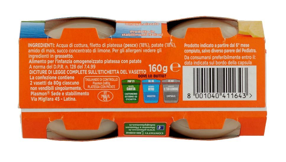 Plasmon - omogeneizzato platessa - 2x80g - Plasmon