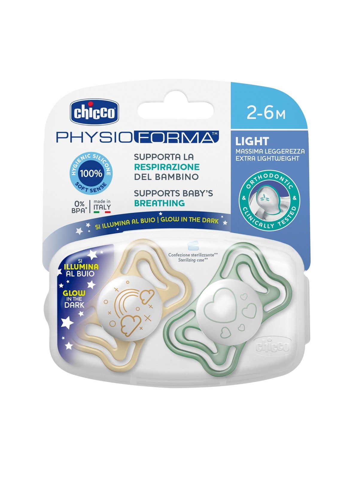 Chicco succhietto physio light lumi sil 2-6m 2 pz - Chicco